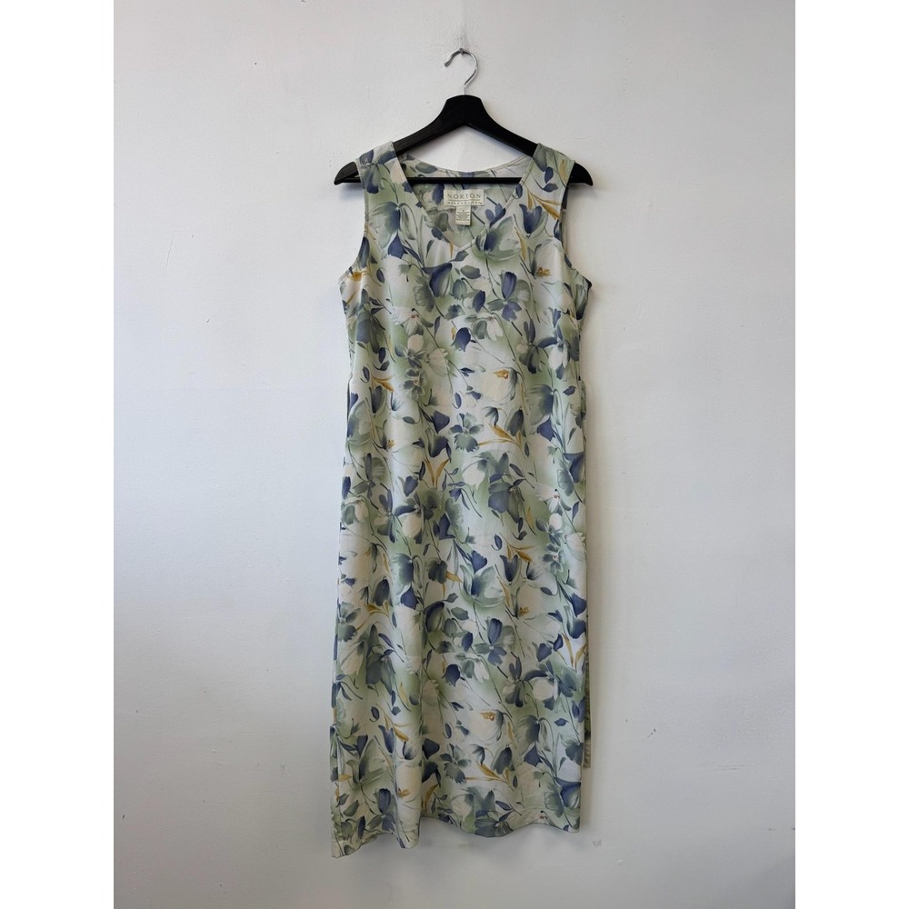 Norton McNaughton Dress Womens Small Green Blue Floral Sleeveless Shift Midi